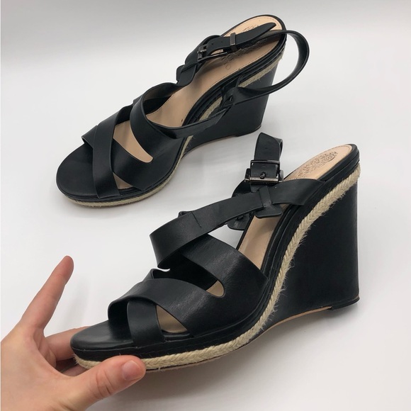 Vince Camuto Black Leather Strappy Espadrille Detail Wedge Heels Size 9.5 - Picture 1 of 8